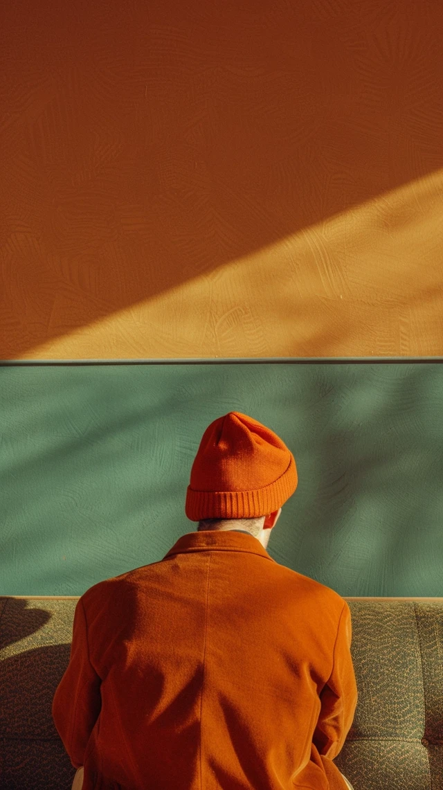 A man wearing a beanie sitting on the sofa, an empty room in 1960,minimalist composition,plane geometry,by Corey Arnold, in the style of blue and orange,movie still,vintage style,Kodachrome --v 6.0 --ar 9:16