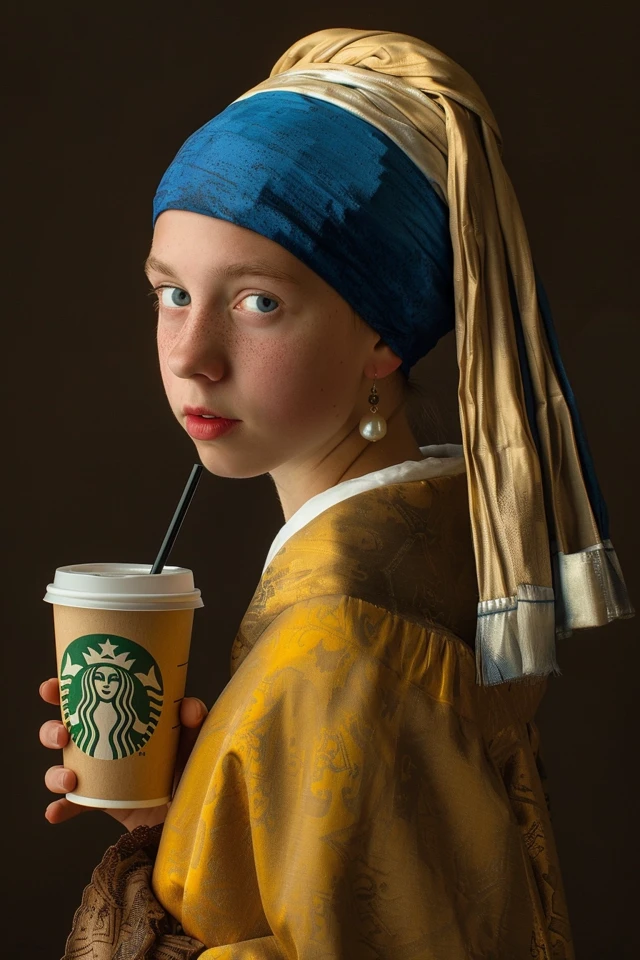 Girl with a Pearl Earring but has a starbucks drink in her hand --ar 2:3 --style raw --v 6.0