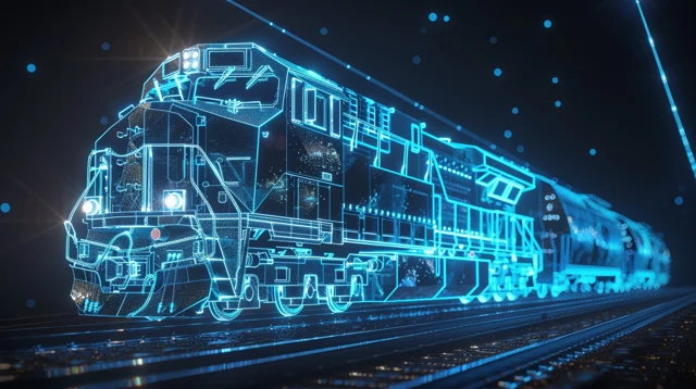 a polygon web of a modern train that glows blue. against any dark background --ar 16:9 --v 6.0