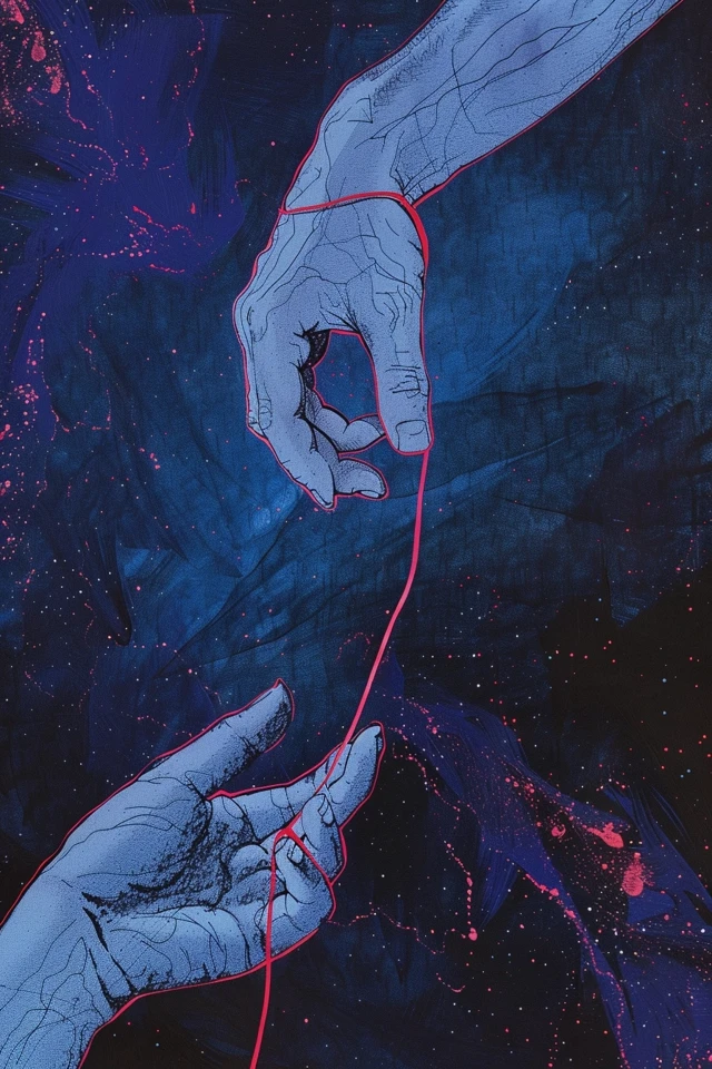 https://s.mj.run/68lhmHnH-1M illustration, a man's large hand is connected to a woman's smaller hand by a red string, soulmates, in the background are stars and galaxies in shades of black blue and purple --iw 0.3 --ar 2:3 --v 6.0