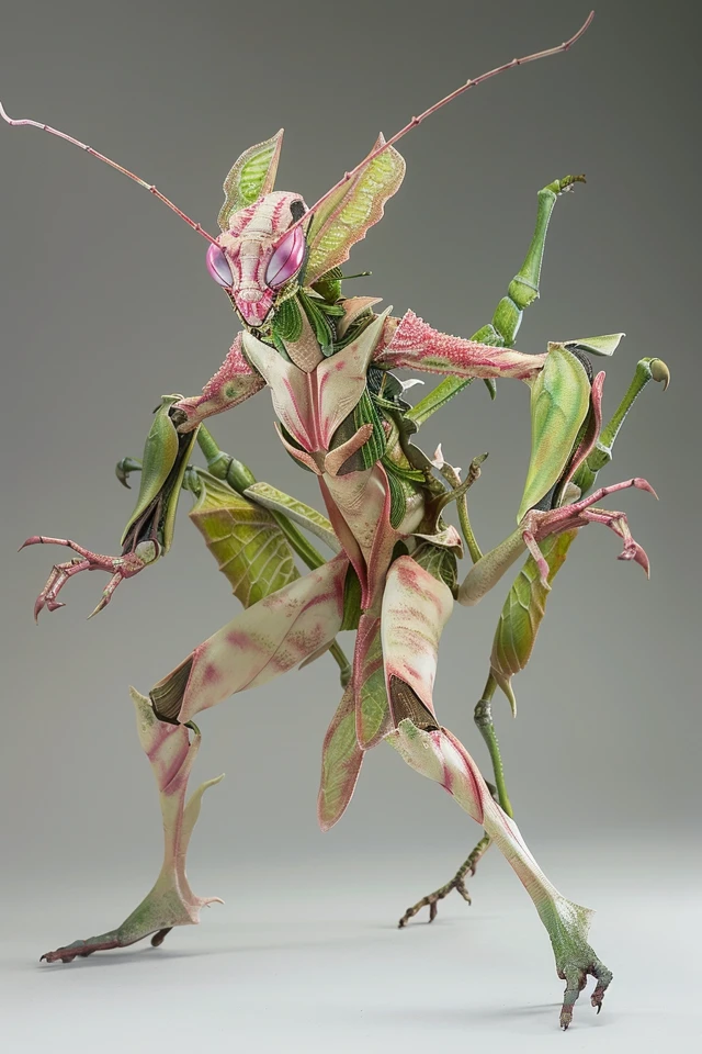 shot from the front, full body portrait, mantis humanoid mutant female, it's upperbody is an orchid mantis and the lowerbody is human female, static pose arms out by the side at 45 degrees, T-pose --ar 2:3 --v 6.0