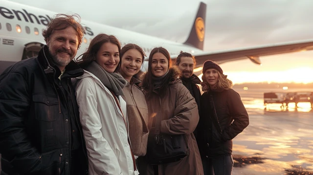 https://s.mj.run/aGZW_d4n-AQ group of people smiling in front of a lufthansa airplane. dramatic lighting. on the manoeuvring area of the airport. photorealistic --ar 16:9 --stylize 750